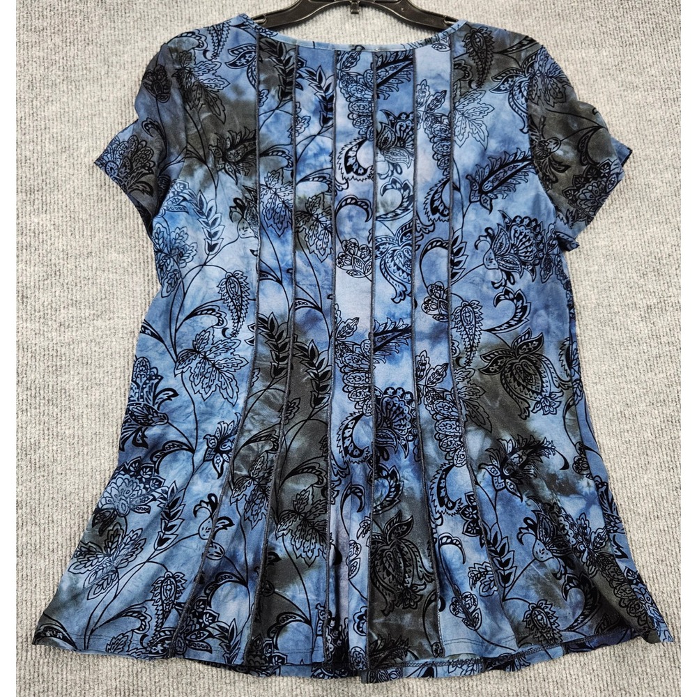 C&B Established 1962 Blue Black Paisley Floral V-Neck Paneled Top L Burnout - Picture 2 of 6